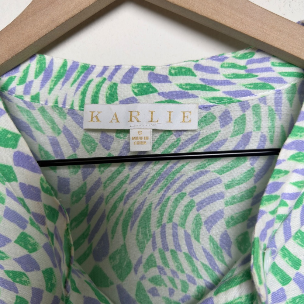 Karlie Women Cotton Too Small Green Geometric Balloon Sleeve Cottage Preppy - Picture 2 of 8